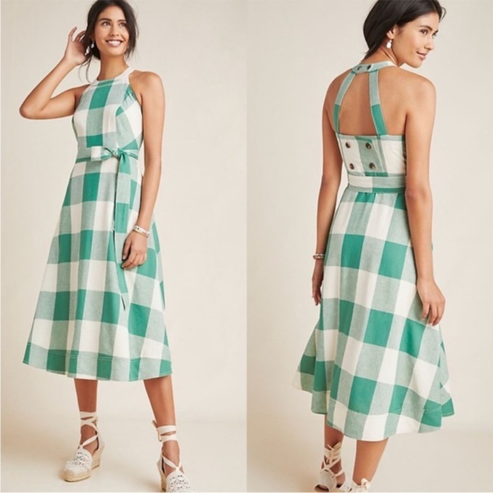 Anthropologie Green and White Gingham Midi Dress